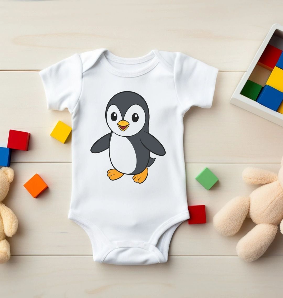 Happy Penguin: 5 Panel Baby Bodysuit.